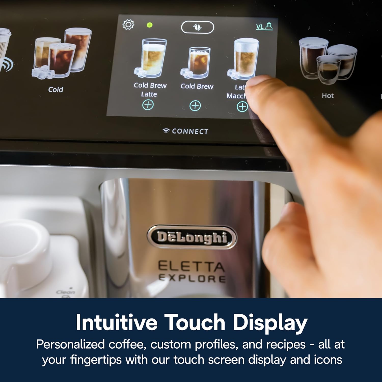 De'Longhi Eletta Explore stainless steel espresso machine with integrated grinder and milk frother, front view — view 2
