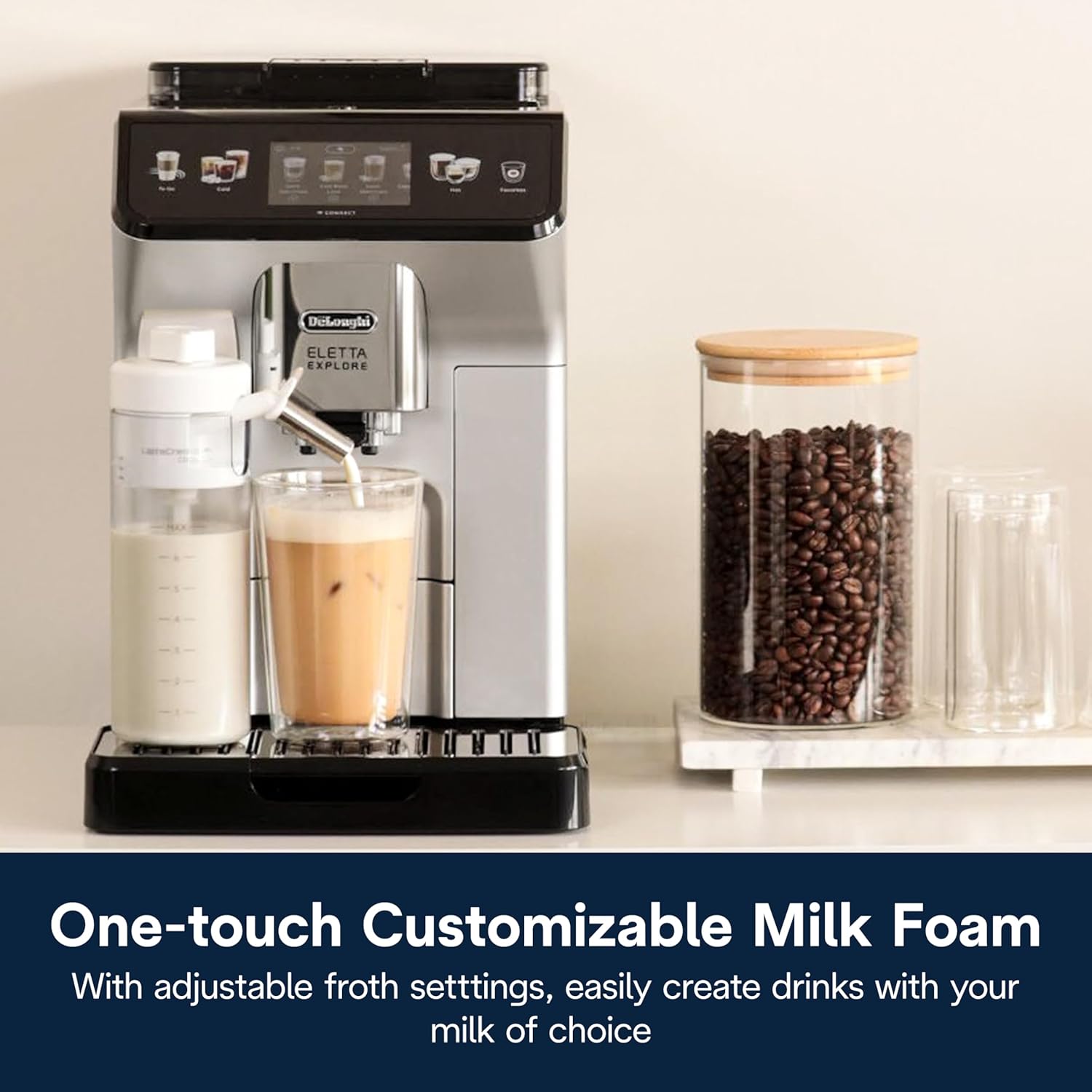 De'Longhi Eletta Explore stainless steel espresso machine with integrated grinder and milk frother, front view — view 3