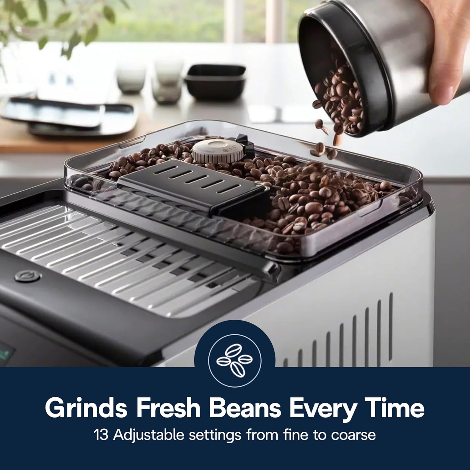 De'Longhi Eletta Explore stainless steel espresso machine with integrated grinder and milk frother, front view — view 5
