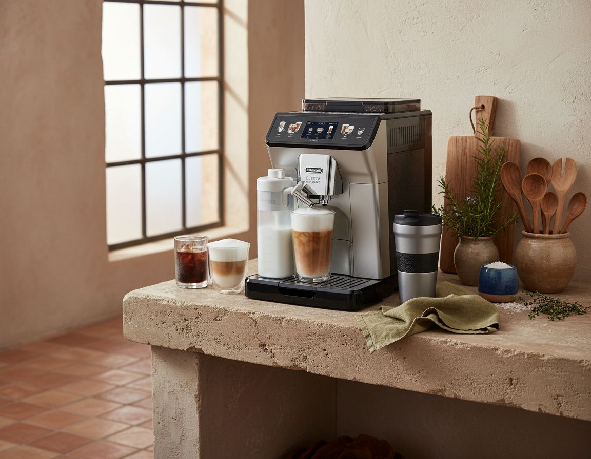 De'Longhi Eletta Explore stainless steel espresso machine with integrated grinder and milk frother, front view — view 5a