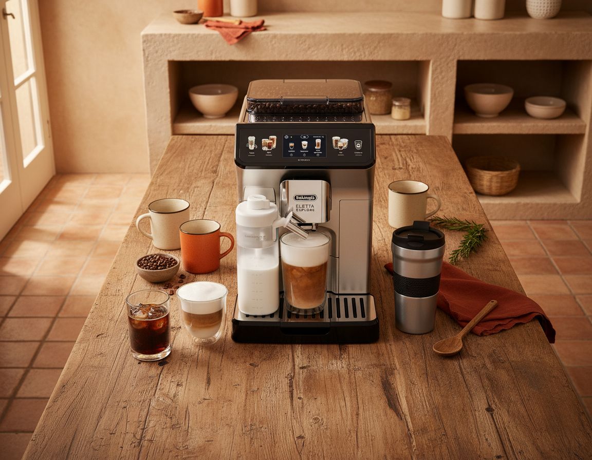 De'Longhi Eletta Explore stainless steel espresso machine with integrated grinder and milk frother, front view — view 7a