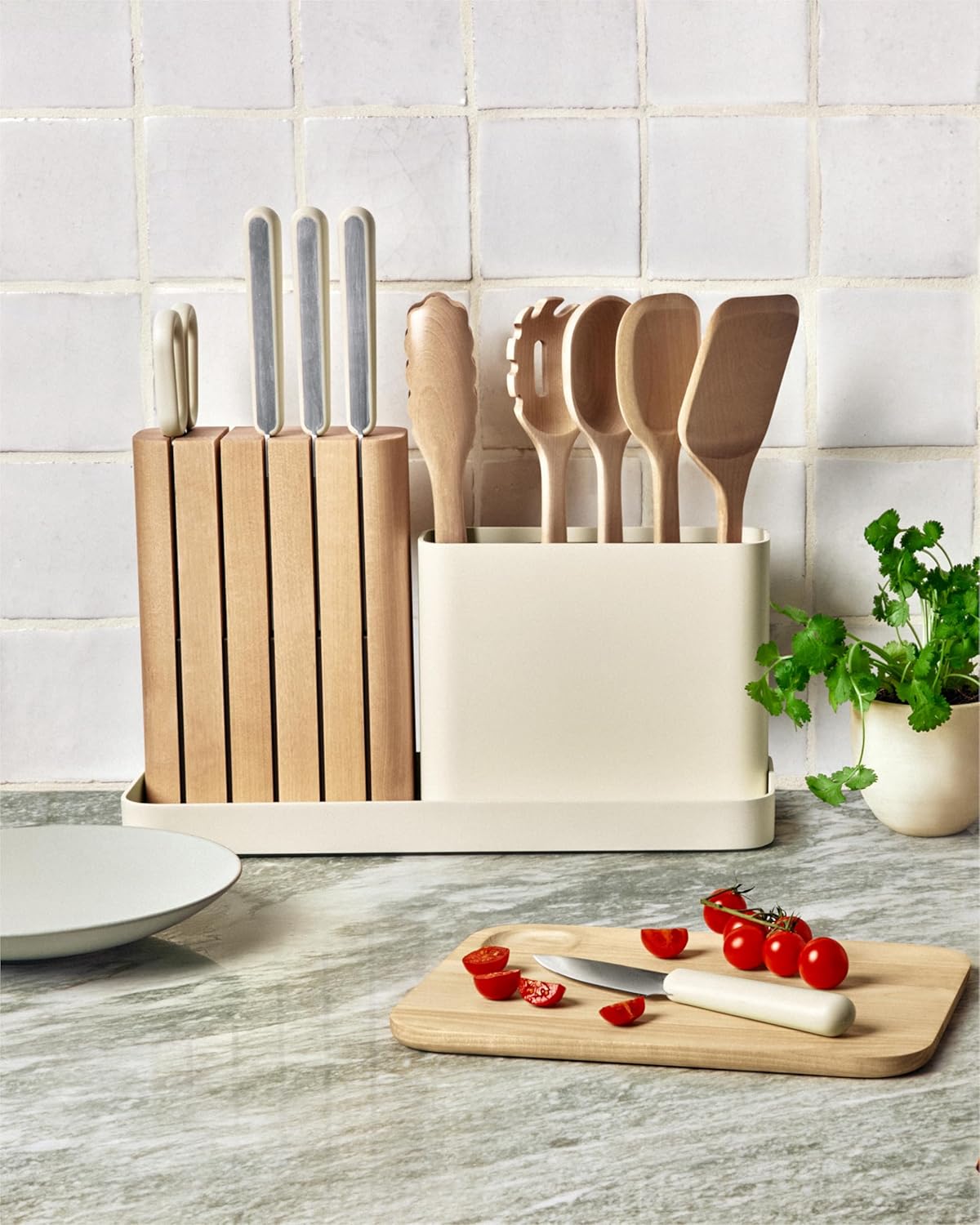 Caraway 14-piece kitchen prep set with German steel knives and FSC-certified birch wood handles in charcoal with wooden organizer — view 5