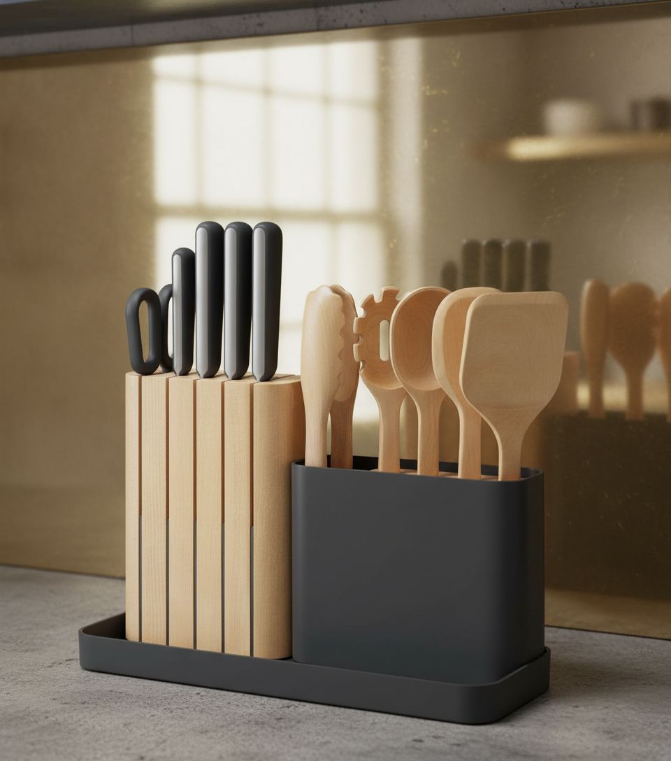 Caraway 14-piece kitchen prep set with German steel knives and FSC-certified birch wood handles in charcoal with wooden organizer — view 5b