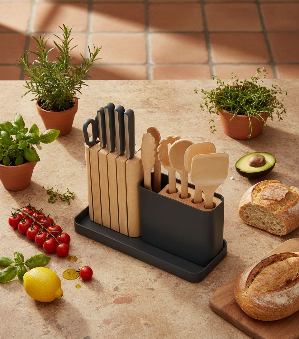 Caraway 14-piece kitchen prep set with German steel knives and FSC-certified birch wood handles in charcoal with wooden organizer — view 7b