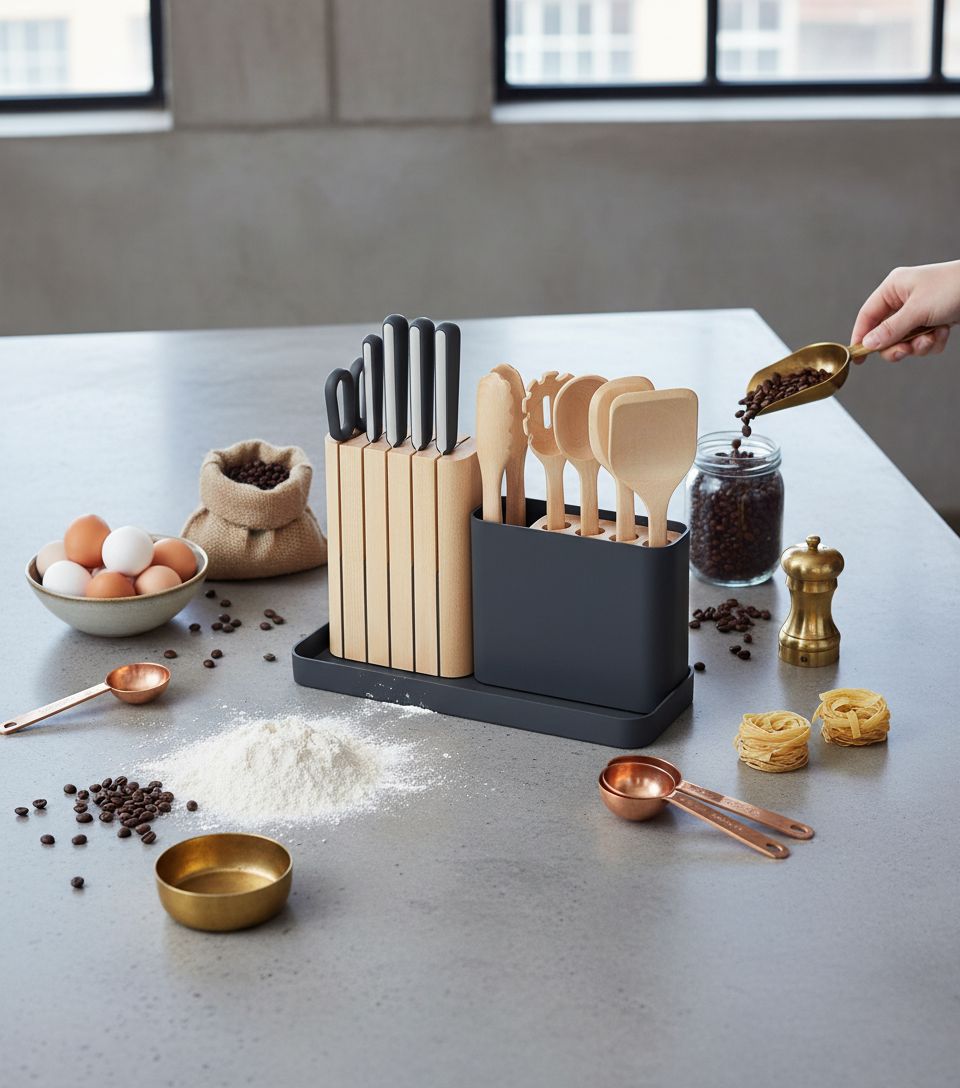 Caraway 14-piece kitchen prep set with German steel knives and FSC-certified birch wood handles in charcoal with wooden organizer — view 2