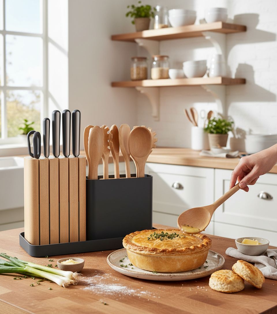 Caraway 14-piece kitchen prep set with German steel knives and FSC-certified birch wood handles in charcoal with wooden organizer — view 3a