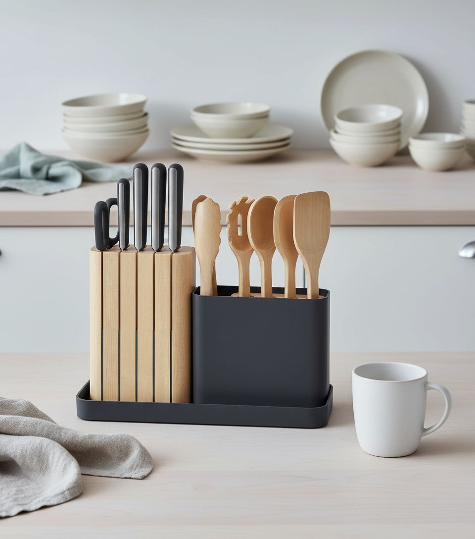Caraway 14-piece kitchen prep set with German steel knives and FSC-certified birch wood handles in charcoal with wooden organizer — view 4