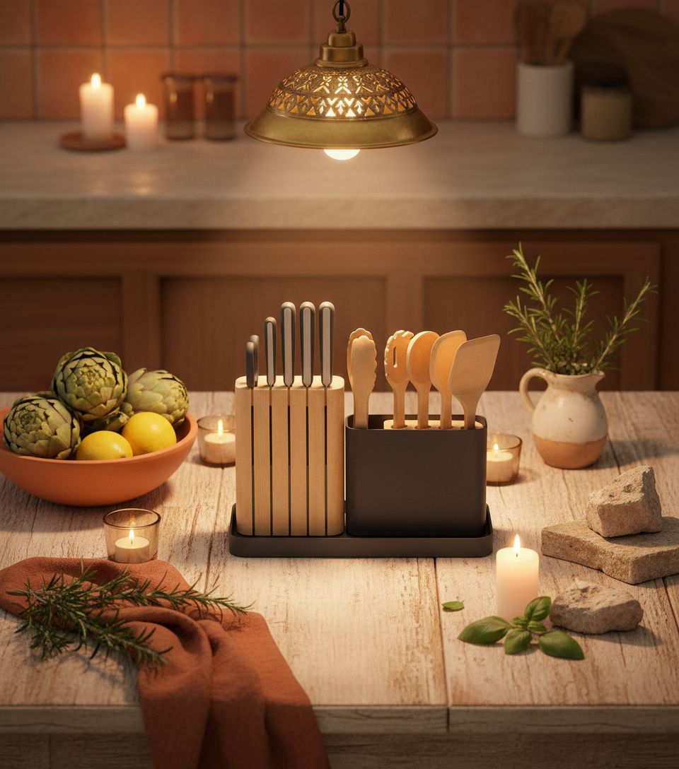 Caraway 14-piece kitchen prep set with German steel knives and FSC-certified birch wood handles in charcoal with wooden organizer — view 7a