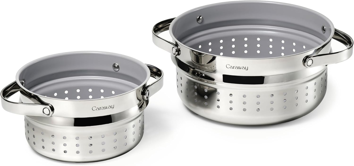 Caraway stainless steel steamer basket with handles, shown in small and large sizes for vegetable and seafood steaming — view 1