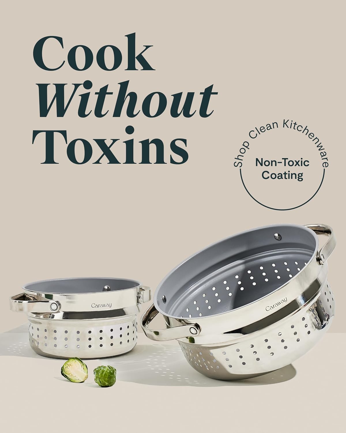 Caraway stainless steel steamer basket with handles, shown in small and large sizes for vegetable and seafood steaming — view 2