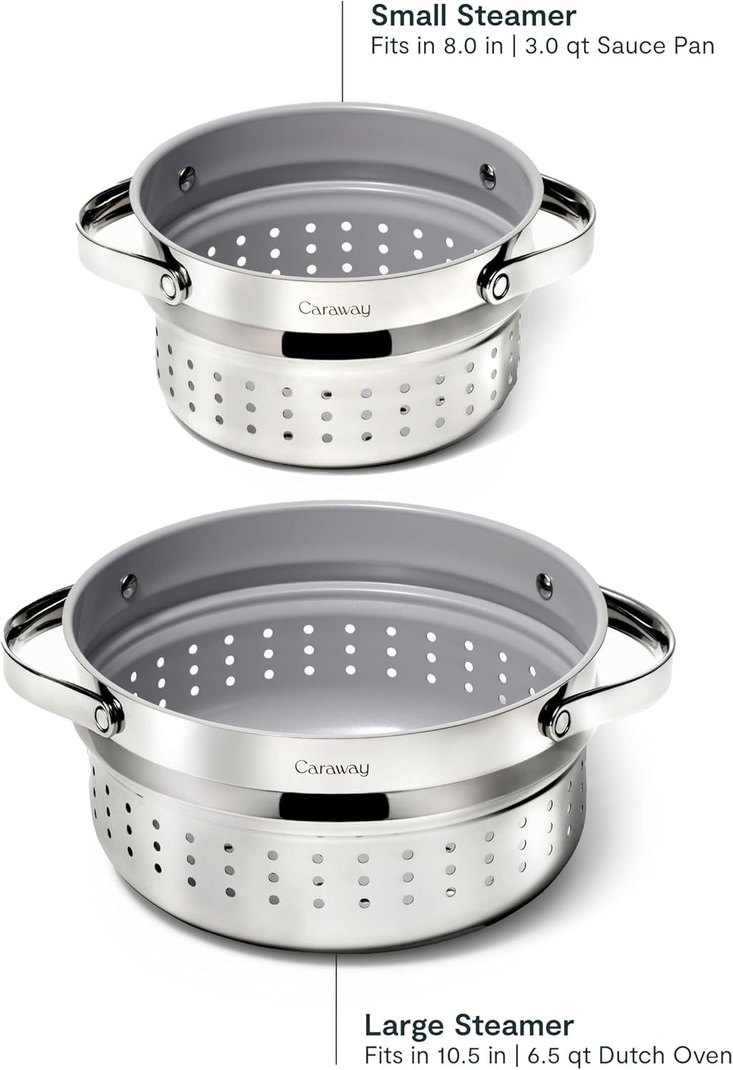 Caraway stainless steel steamer basket with handles, shown in small and large sizes for vegetable and seafood steaming — view 3