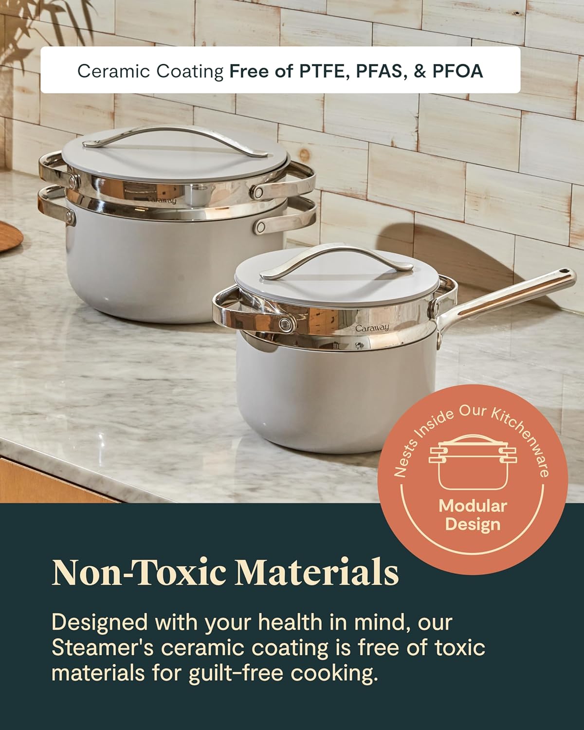 Caraway stainless steel steamer basket with handles, shown in small and large sizes for vegetable and seafood steaming — view 4