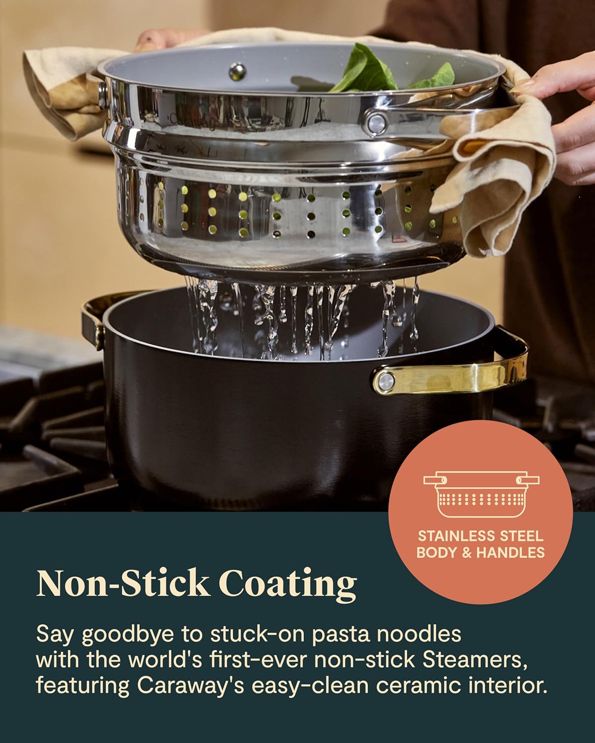 Caraway stainless steel steamer basket with handles, shown in small and large sizes for vegetable and seafood steaming — view 2