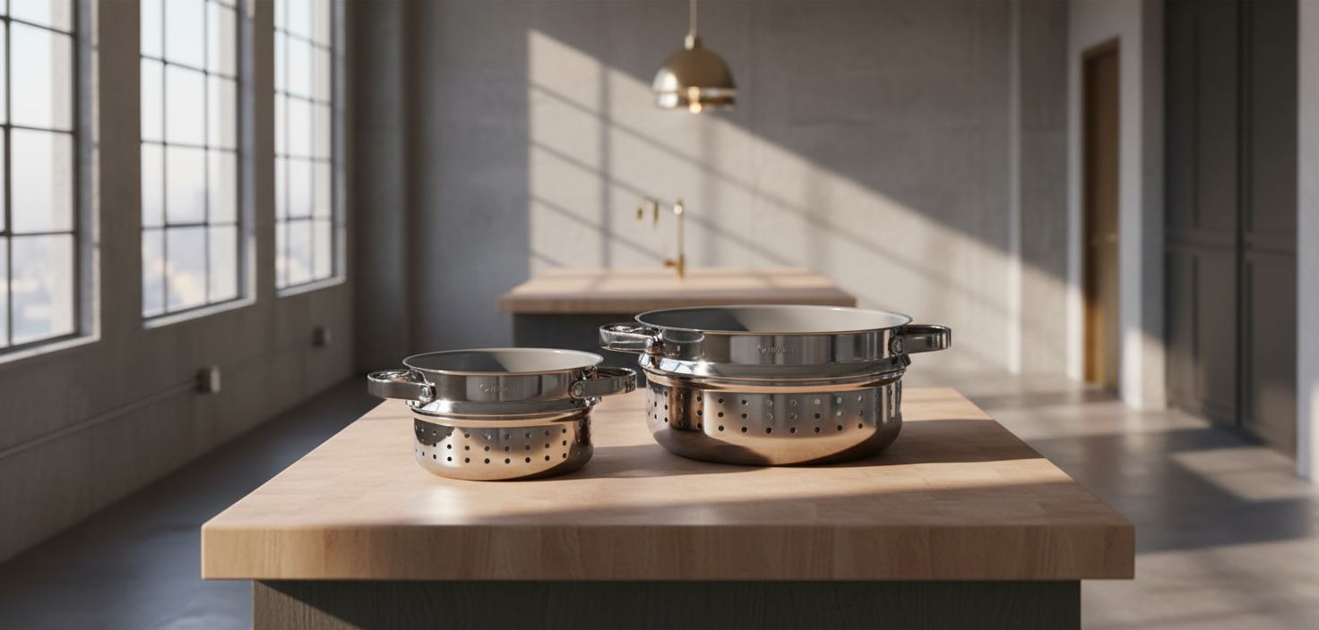 Caraway stainless steel steamer basket with handles, shown in small and large sizes for vegetable and seafood steaming โ view 1