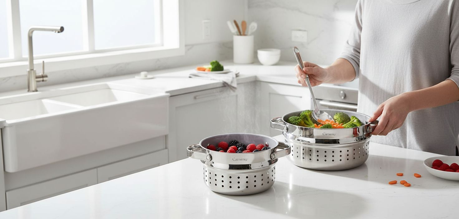 Caraway stainless steel steamer basket with handles, shown in small and large sizes for vegetable and seafood steaming โ view 3b