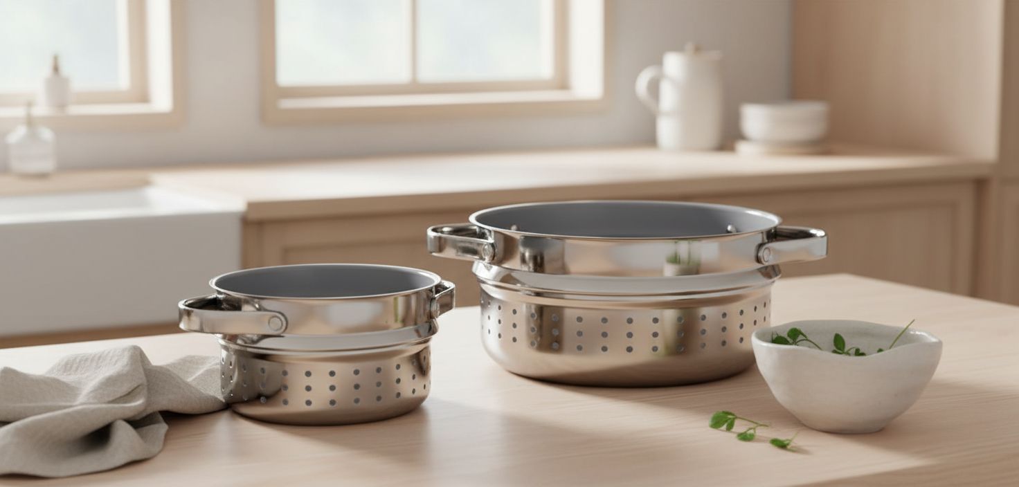 Caraway stainless steel steamer basket with handles, shown in small and large sizes for vegetable and seafood steaming โ view 5b