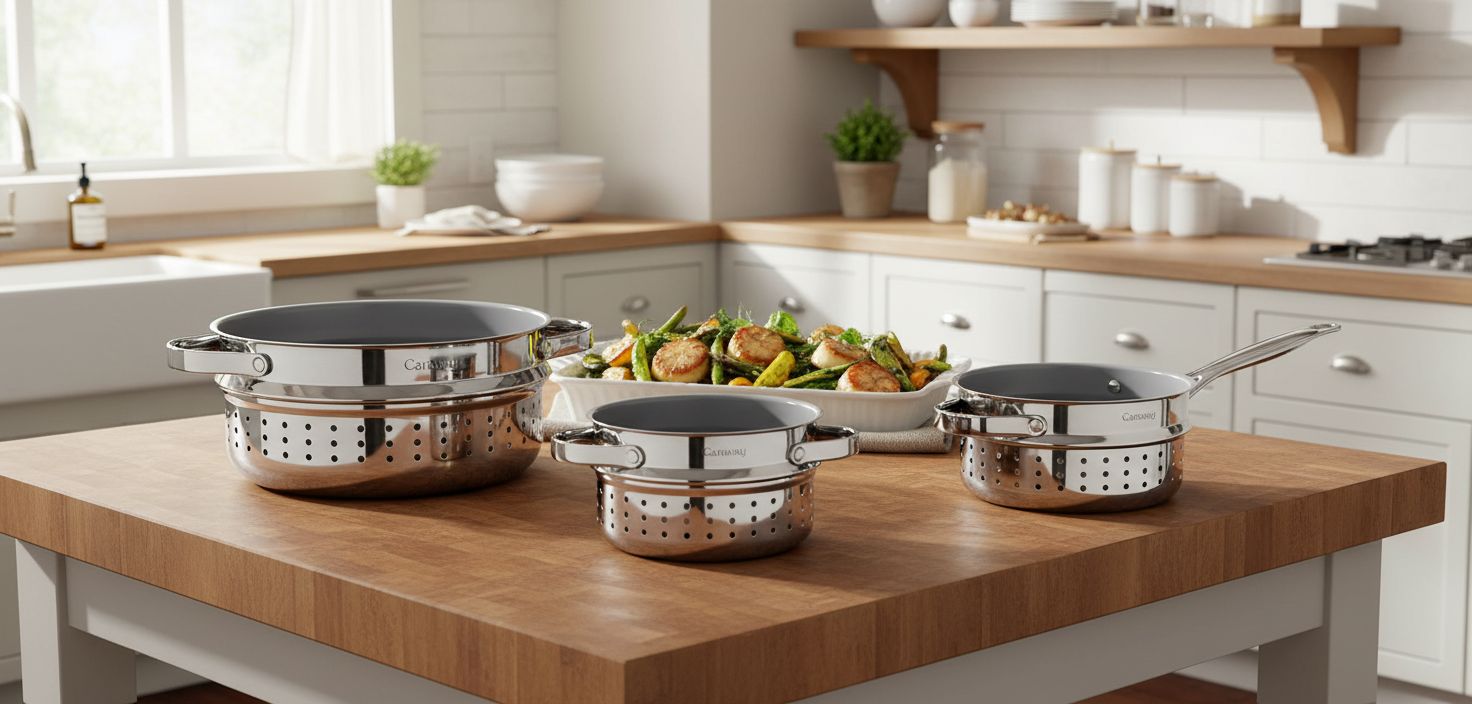 Caraway stainless steel steamer basket with handles, shown in small and large sizes for vegetable and seafood steaming โ view 3a