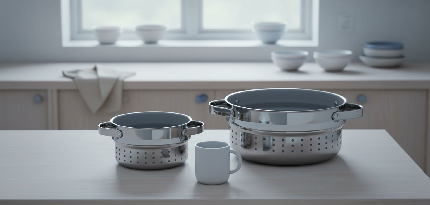 Caraway stainless steel steamer basket with handles, shown in small and large sizes for vegetable and seafood steaming โ view 4