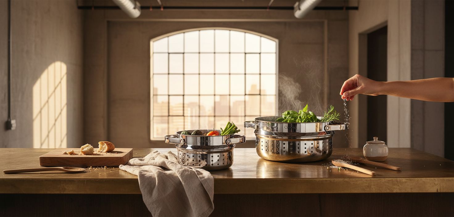 Caraway stainless steel steamer basket with handles, shown in small and large sizes for vegetable and seafood steaming โ view 5a