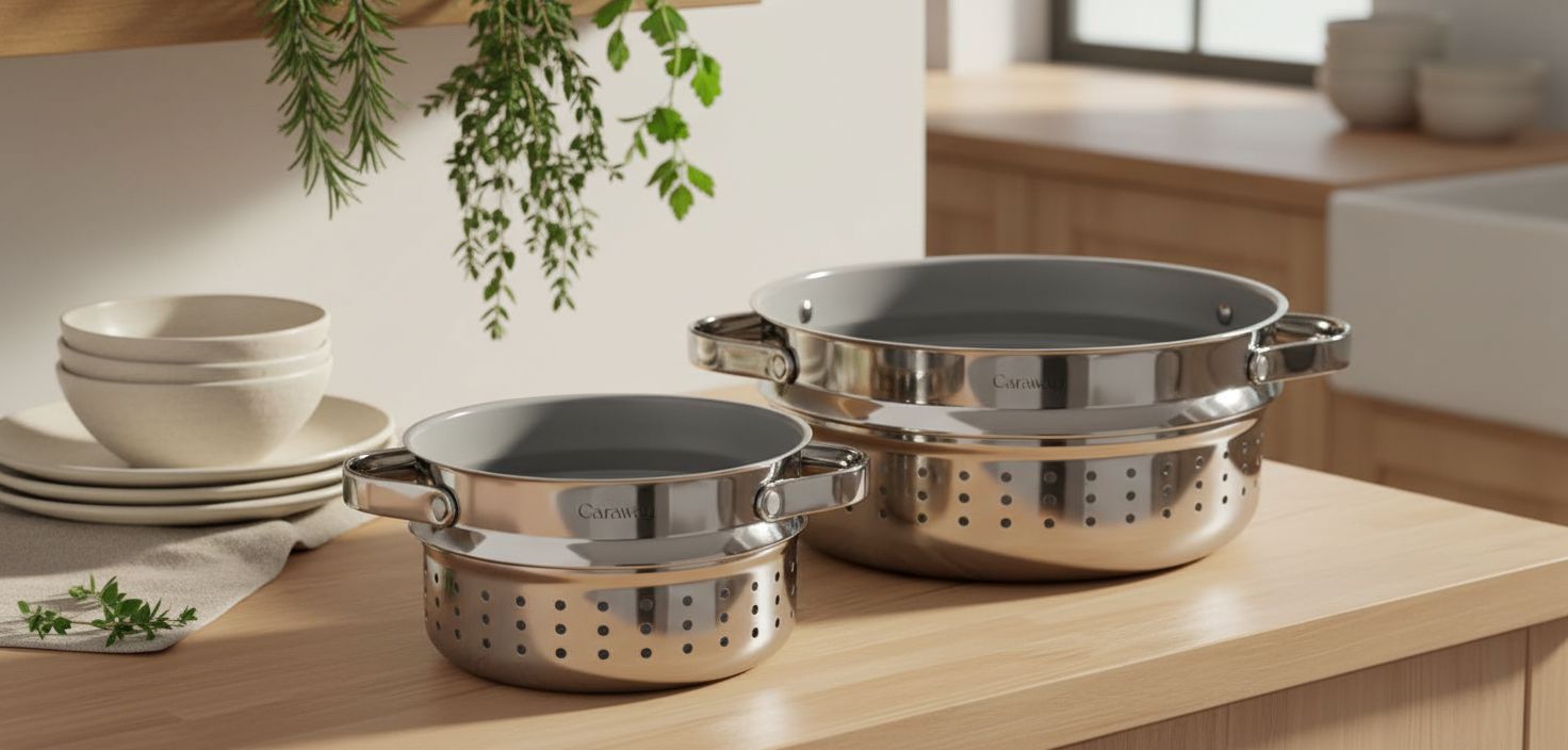 Caraway stainless steel steamer basket with handles, shown in small and large sizes for vegetable and seafood steaming โ view 6