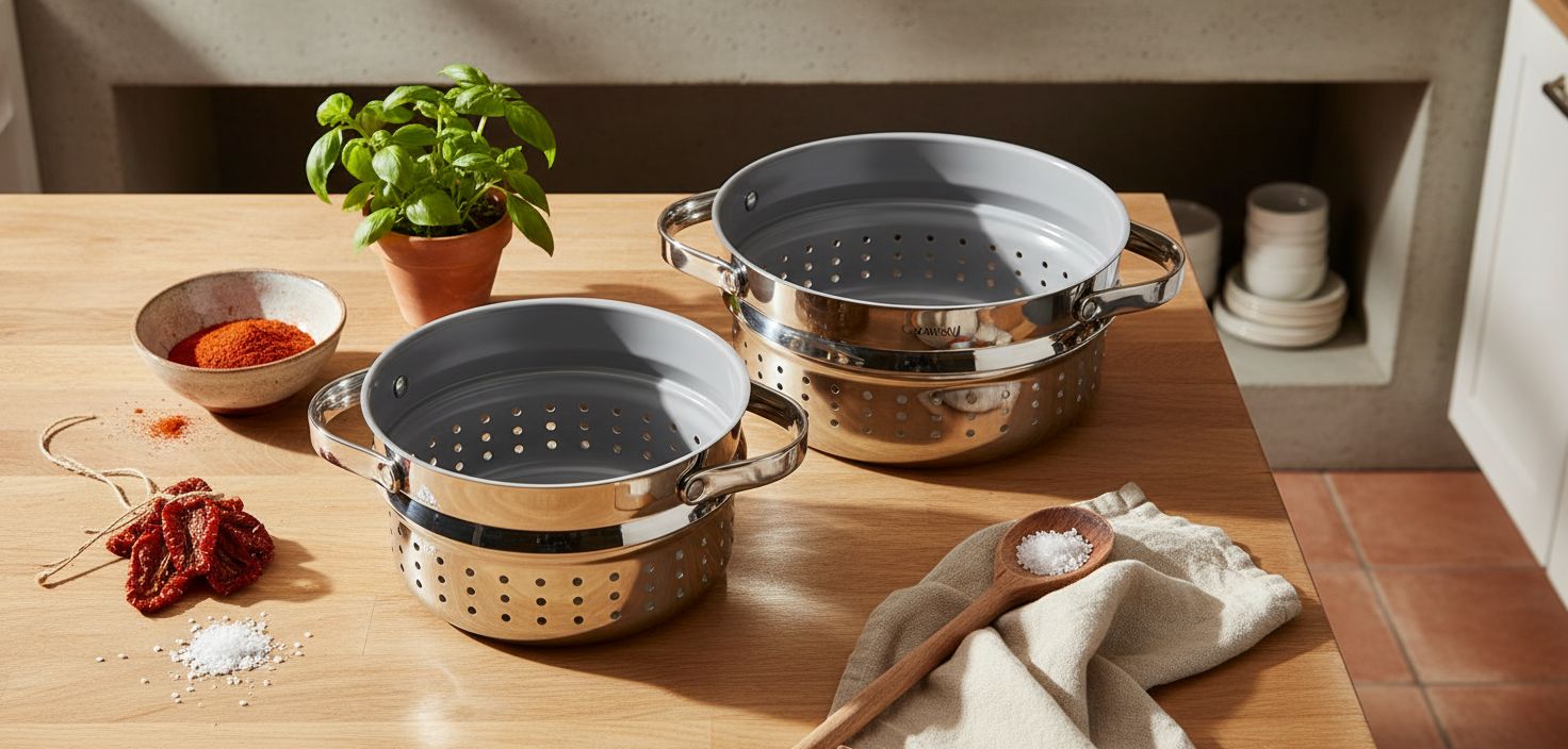 Caraway stainless steel steamer basket with handles, shown in small and large sizes for vegetable and seafood steaming โ view 7a