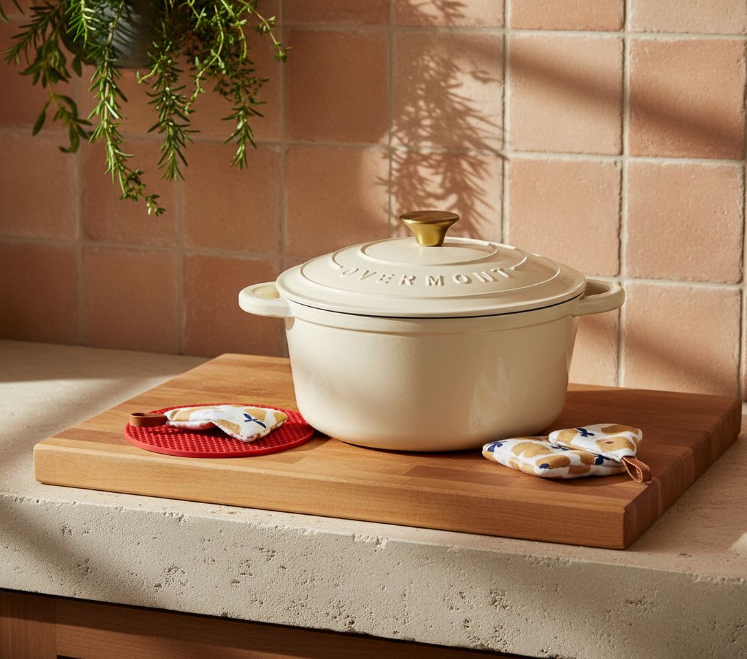 Cream white enameled cast iron Dutch oven with matching lid, displayed with included cookbook and cotton potholders β view 1