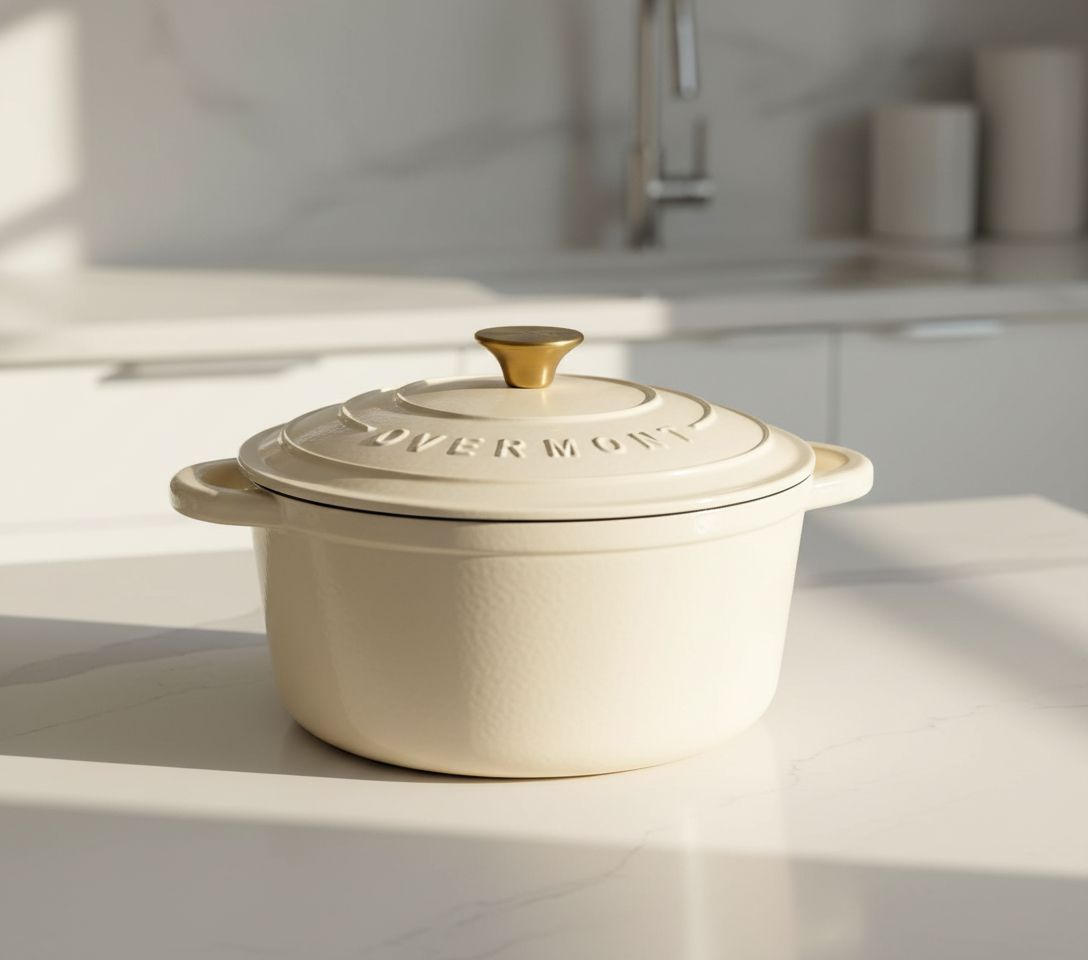 Cream white enameled cast iron Dutch oven with matching lid, displayed with included cookbook and cotton potholders β view 5b