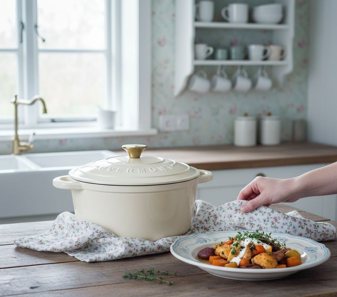 Cream white enameled cast iron Dutch oven with matching lid, displayed with included cookbook and cotton potholders β view 3a