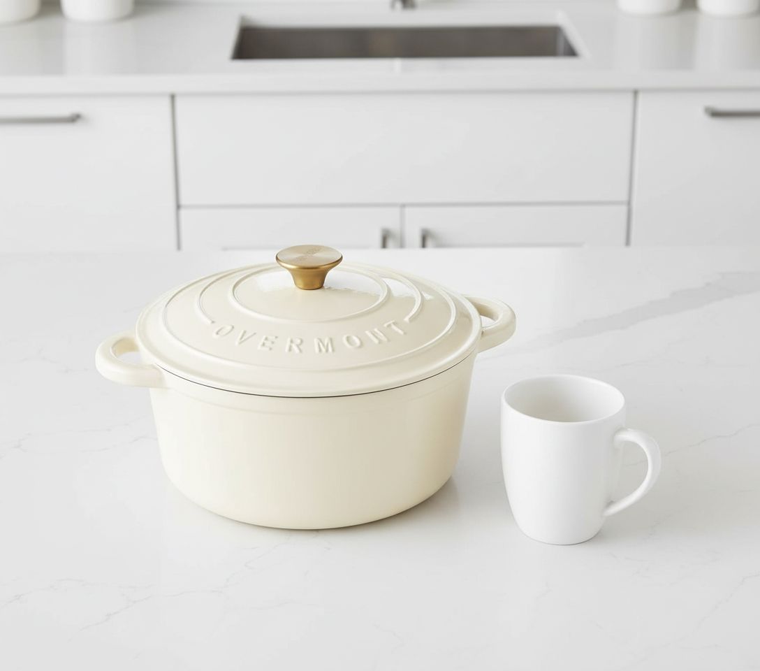 Cream white enameled cast iron Dutch oven with matching lid, displayed with included cookbook and cotton potholders β view 4