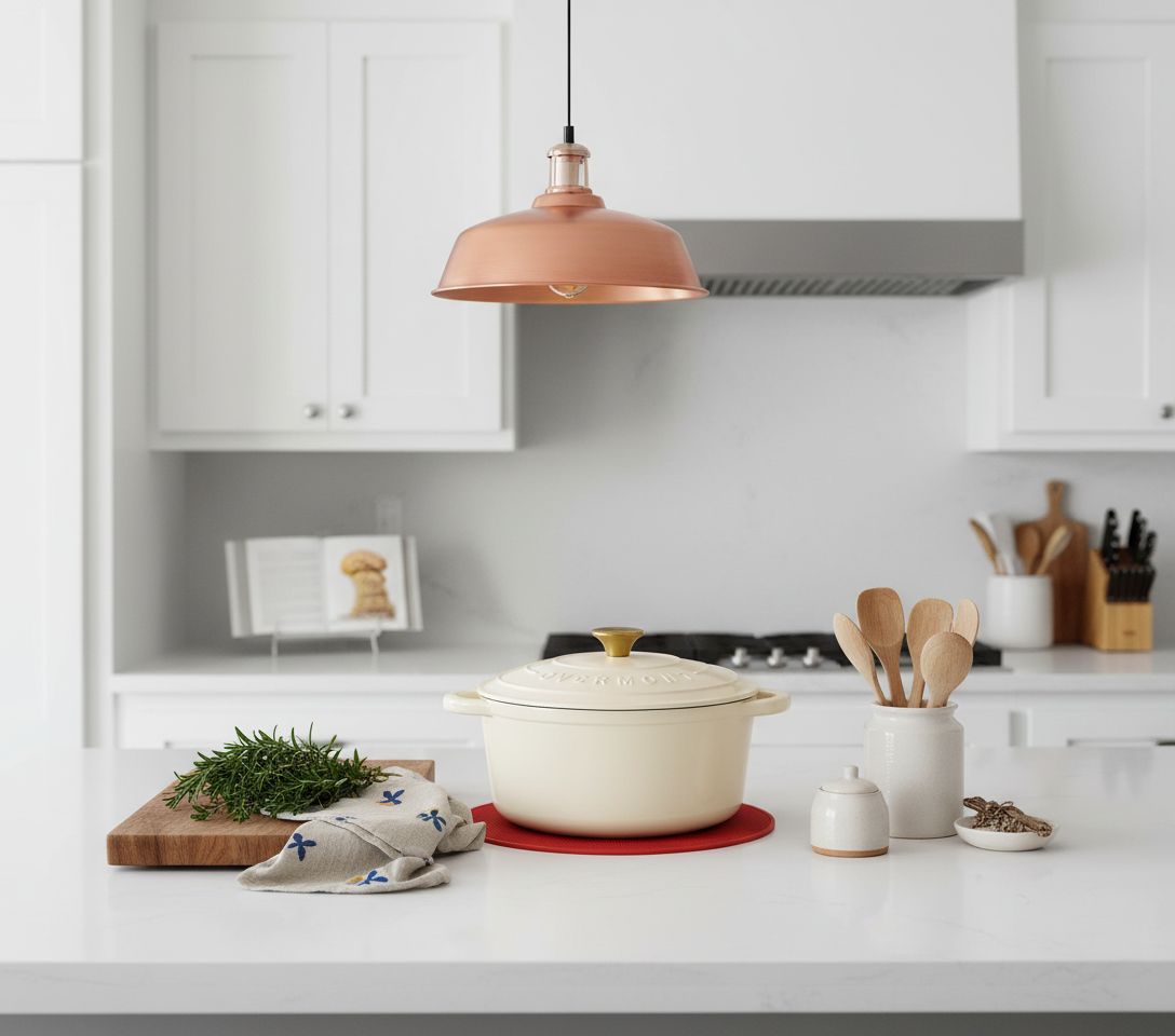 Cream white enameled cast iron Dutch oven with matching lid, displayed with included cookbook and cotton potholders β view 5a