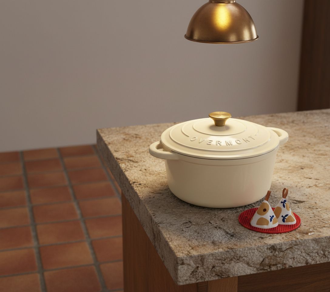 Cream white enameled cast iron Dutch oven with matching lid, displayed with included cookbook and cotton potholders β view 6