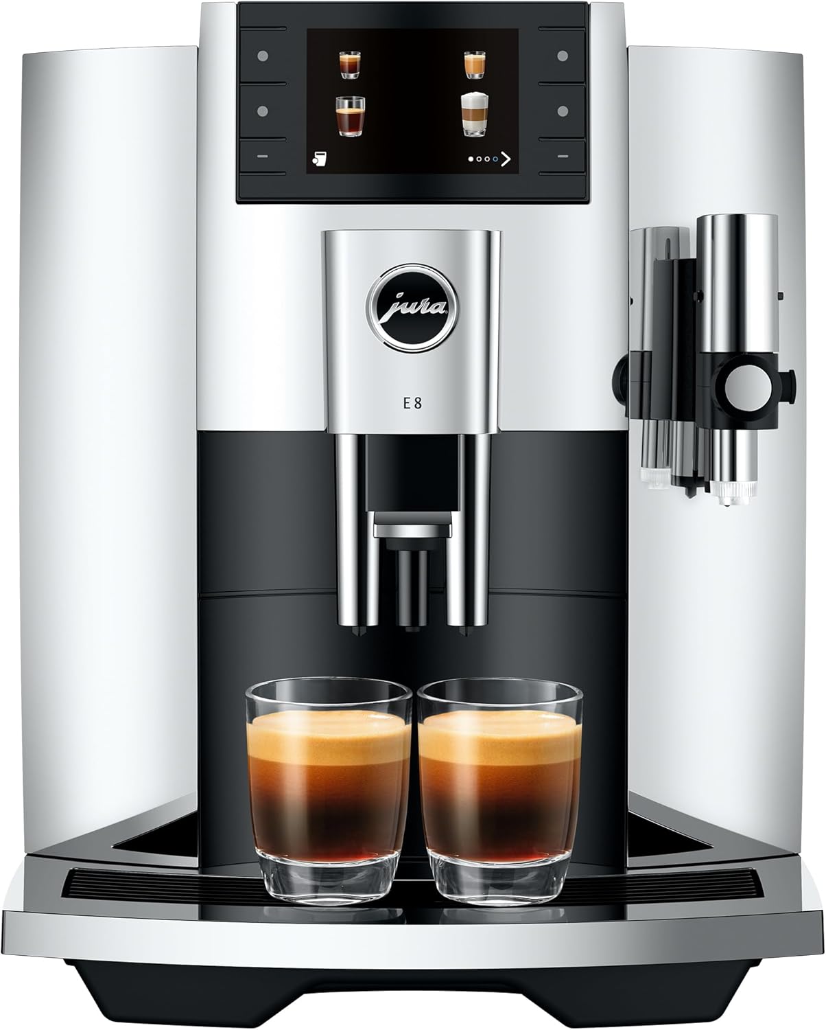 Stainless steel countertop espresso machine with chrome accents and digital display — view 1