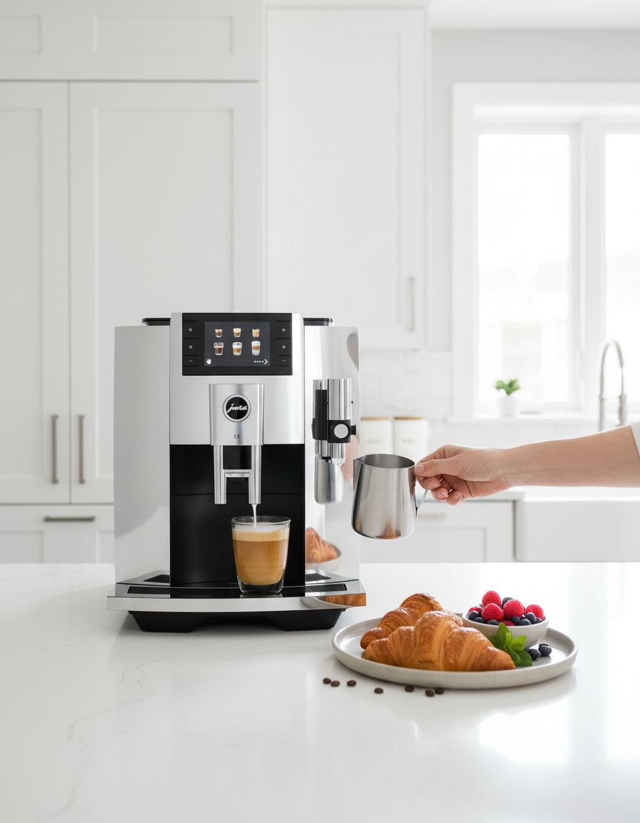 Stainless steel countertop espresso machine with chrome accents and digital display — view 3a