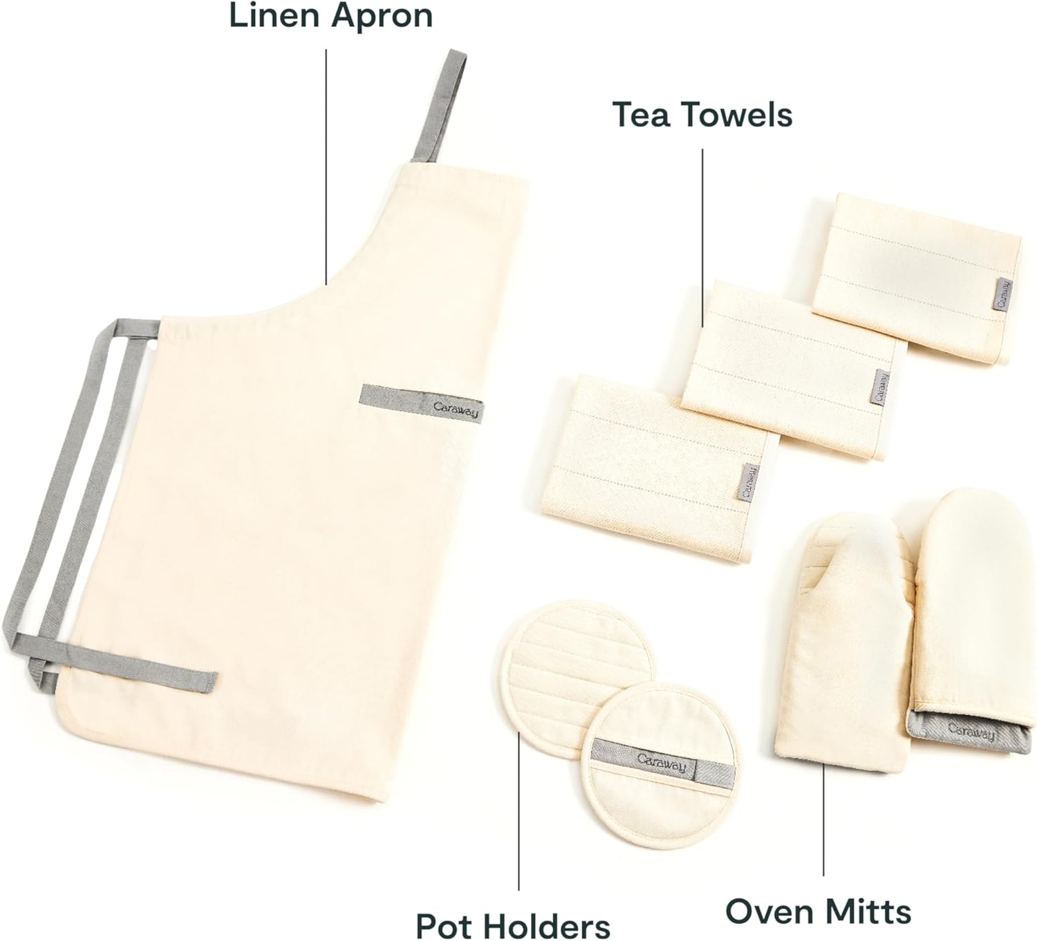 Four-piece organic cotton kitchen linen set including natural linen apron, matching pot holders, oven mitts, and tea towels โ side