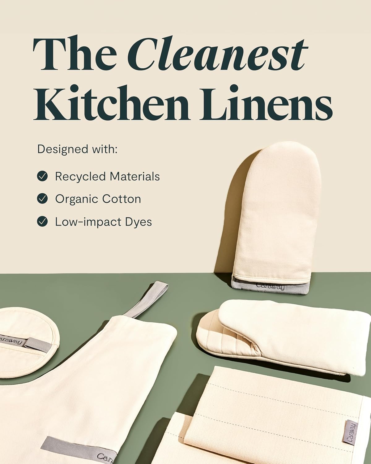 Four-piece organic cotton kitchen linen set including natural linen apron, matching pot holders, oven mitts, and tea towels โ back