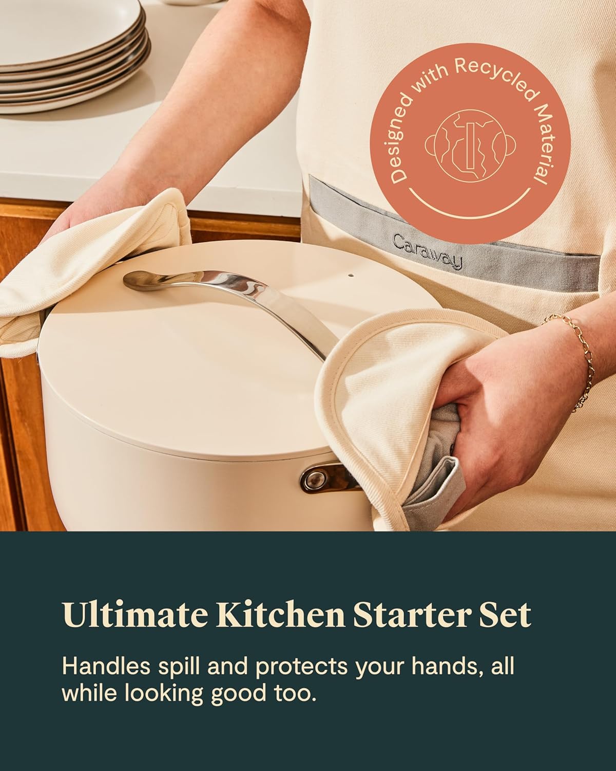 Four-piece organic cotton kitchen linen set including natural linen apron, matching pot holders, oven mitts, and tea towels — view 2