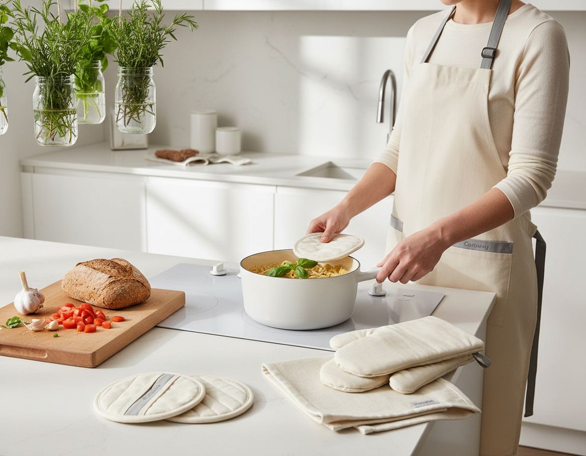 Four-piece organic cotton kitchen linen set including natural linen apron, matching pot holders, oven mitts, and tea towels โ view 3b
