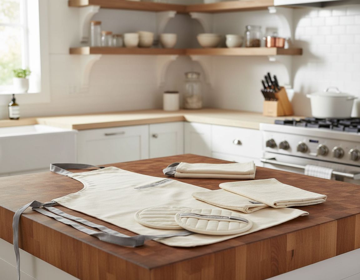 Four-piece organic cotton kitchen linen set including natural linen apron, matching pot holders, oven mitts, and tea towels โ view 5b