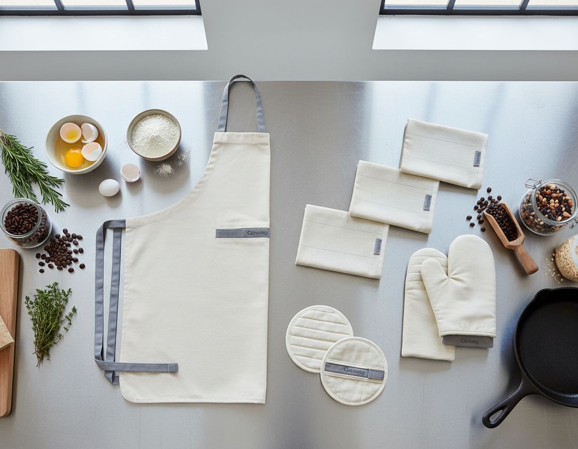 Four-piece organic cotton kitchen linen set including natural linen apron, matching pot holders, oven mitts, and tea towels โ view 2
