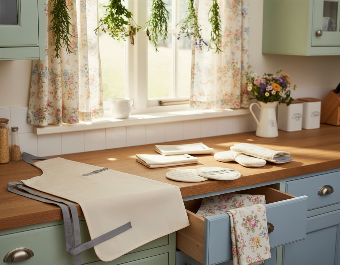 Four-piece organic cotton kitchen linen set including natural linen apron, matching pot holders, oven mitts, and tea towels โ view 6