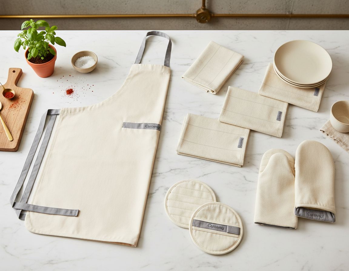 Four-piece organic cotton kitchen linen set including natural linen apron, matching pot holders, oven mitts, and tea towels โ view 7a