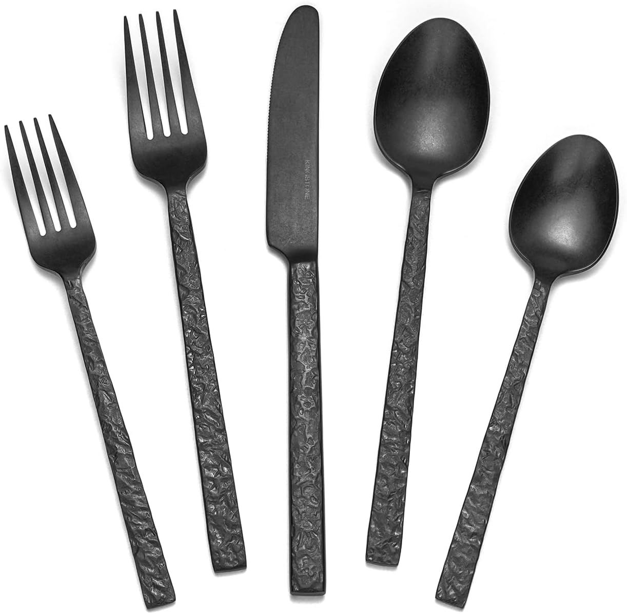 Black hammered stainless steel silverware set with fork, knife, and spoon pieces arranged on white background — view 1