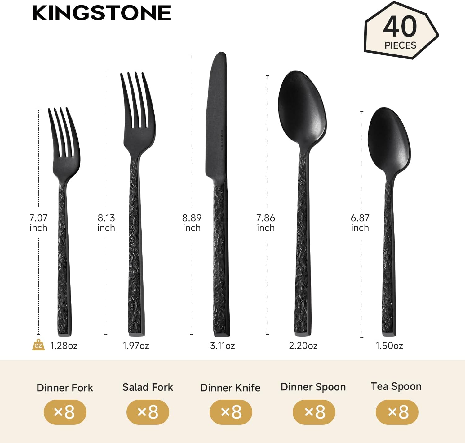 Black hammered stainless steel silverware set with fork, knife, and spoon pieces arranged on white background — view 2