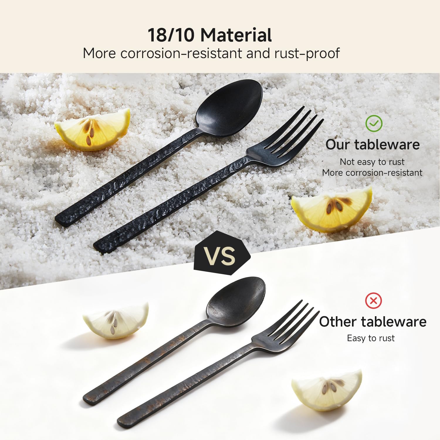 Black hammered stainless steel silverware set with fork, knife, and spoon pieces arranged on white background — view 3