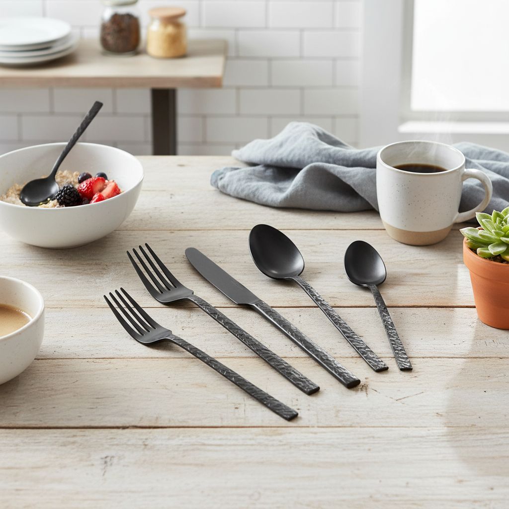 Black hammered stainless steel silverware set with fork, knife, and spoon pieces arranged on white background — view 3b