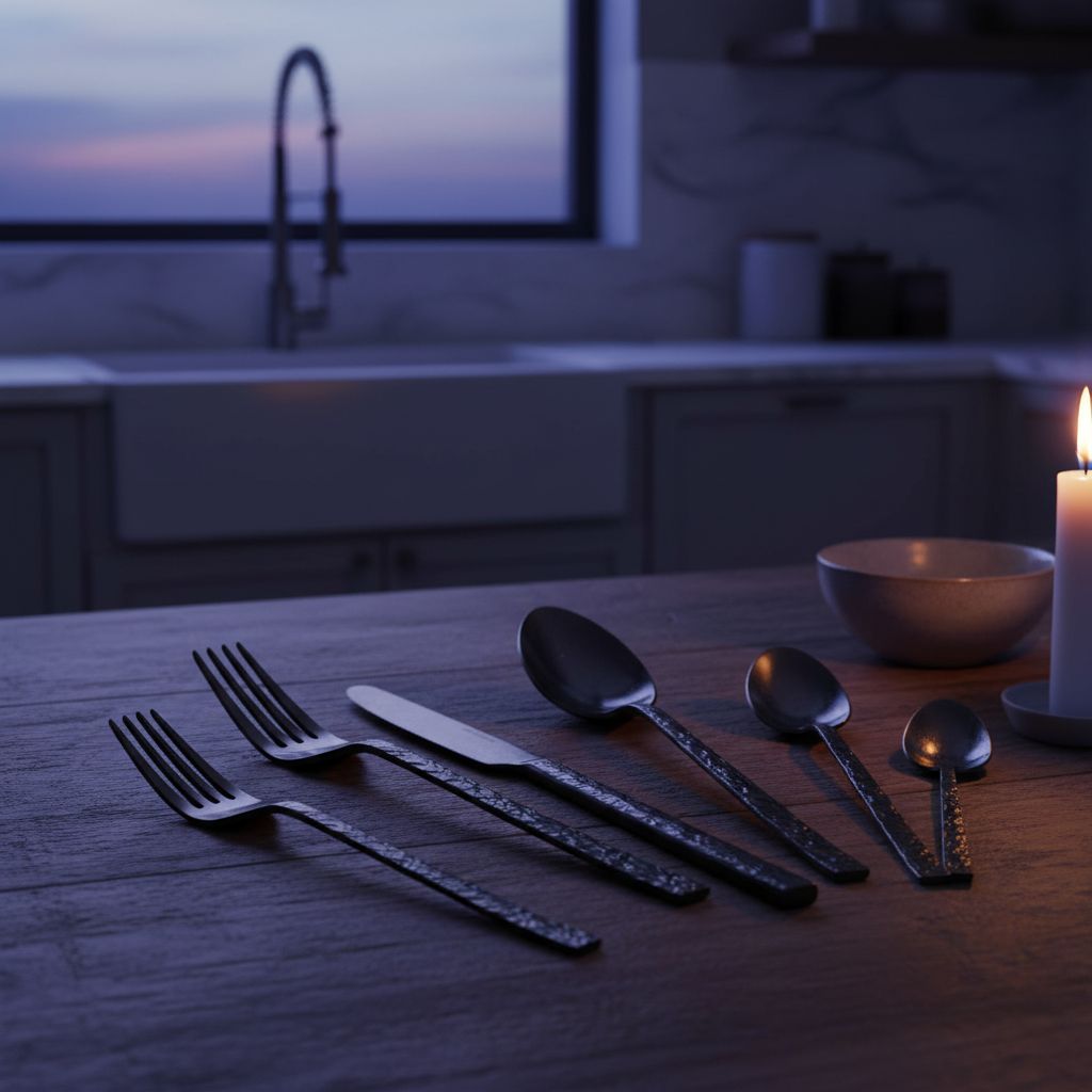 Black hammered stainless steel silverware set with fork, knife, and spoon pieces arranged on white background — view 7b