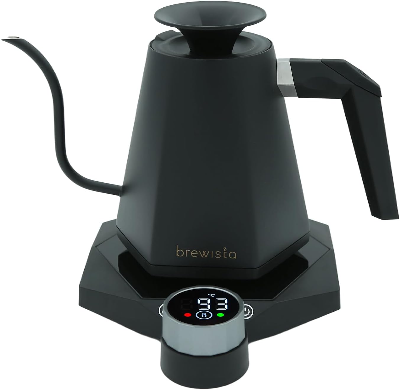 Black stainless steel electric gooseneck kettle with digital temperature display — view 1