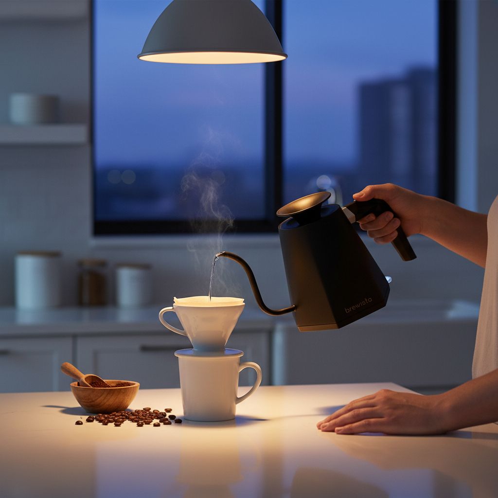 Black stainless steel electric gooseneck kettle with digital temperature display — view 3b