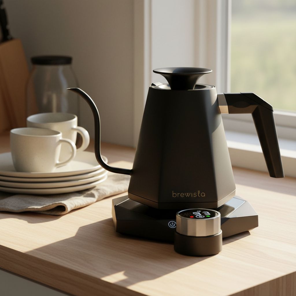 Black stainless steel electric gooseneck kettle with digital temperature display — view 5b