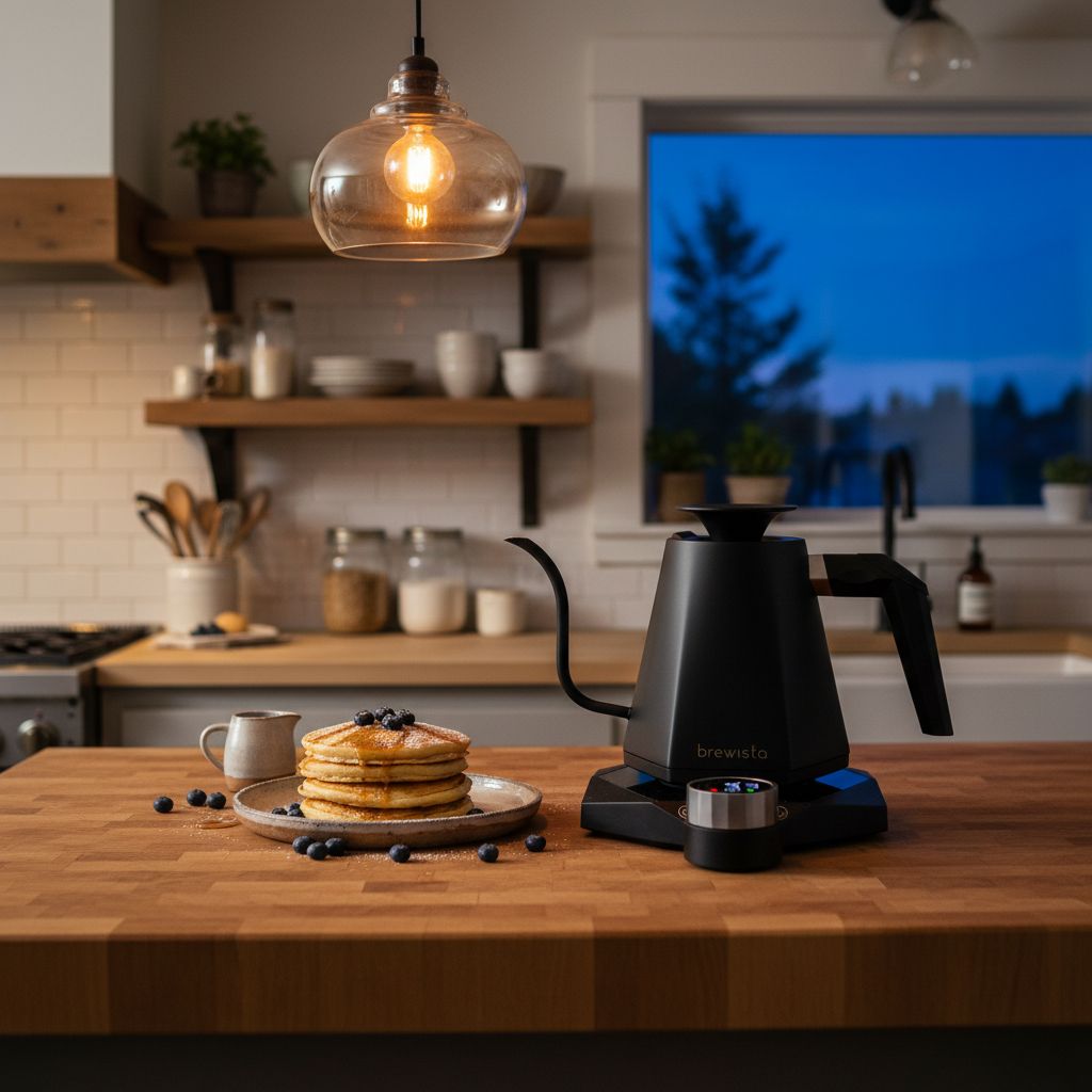 Black stainless steel electric gooseneck kettle with digital temperature display — view 3a
